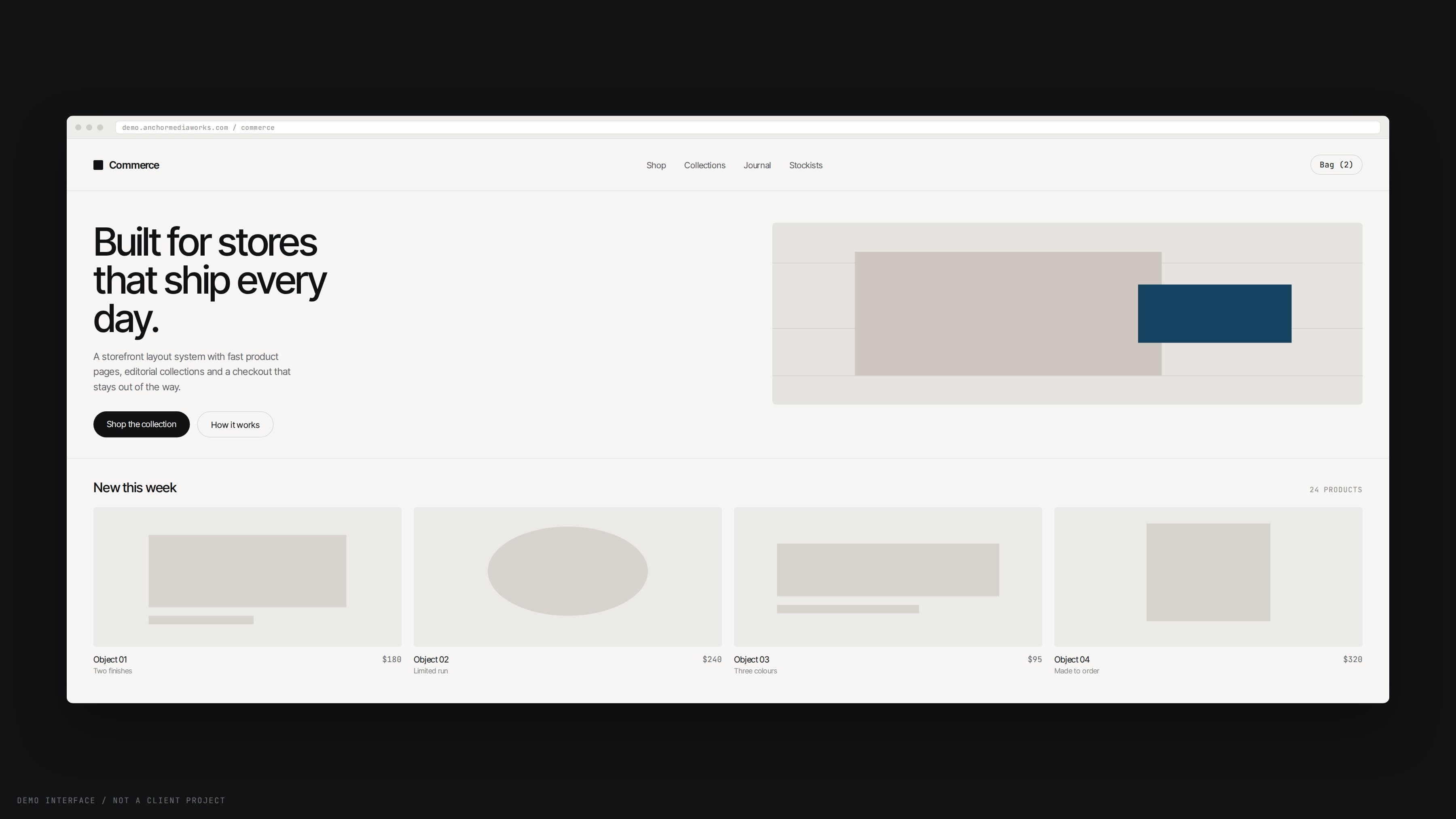 Demo storefront interface shown in a browser frame: navigation, hero with a product image, and a four column product grid with prices