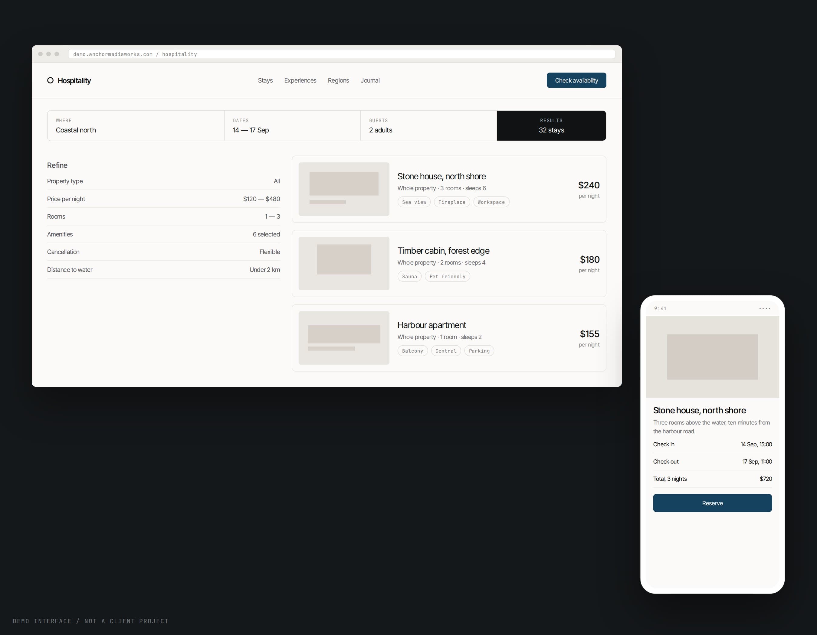 Demo booking platform: desktop search results with filters and prices, next to a phone screen showing a reservation summary