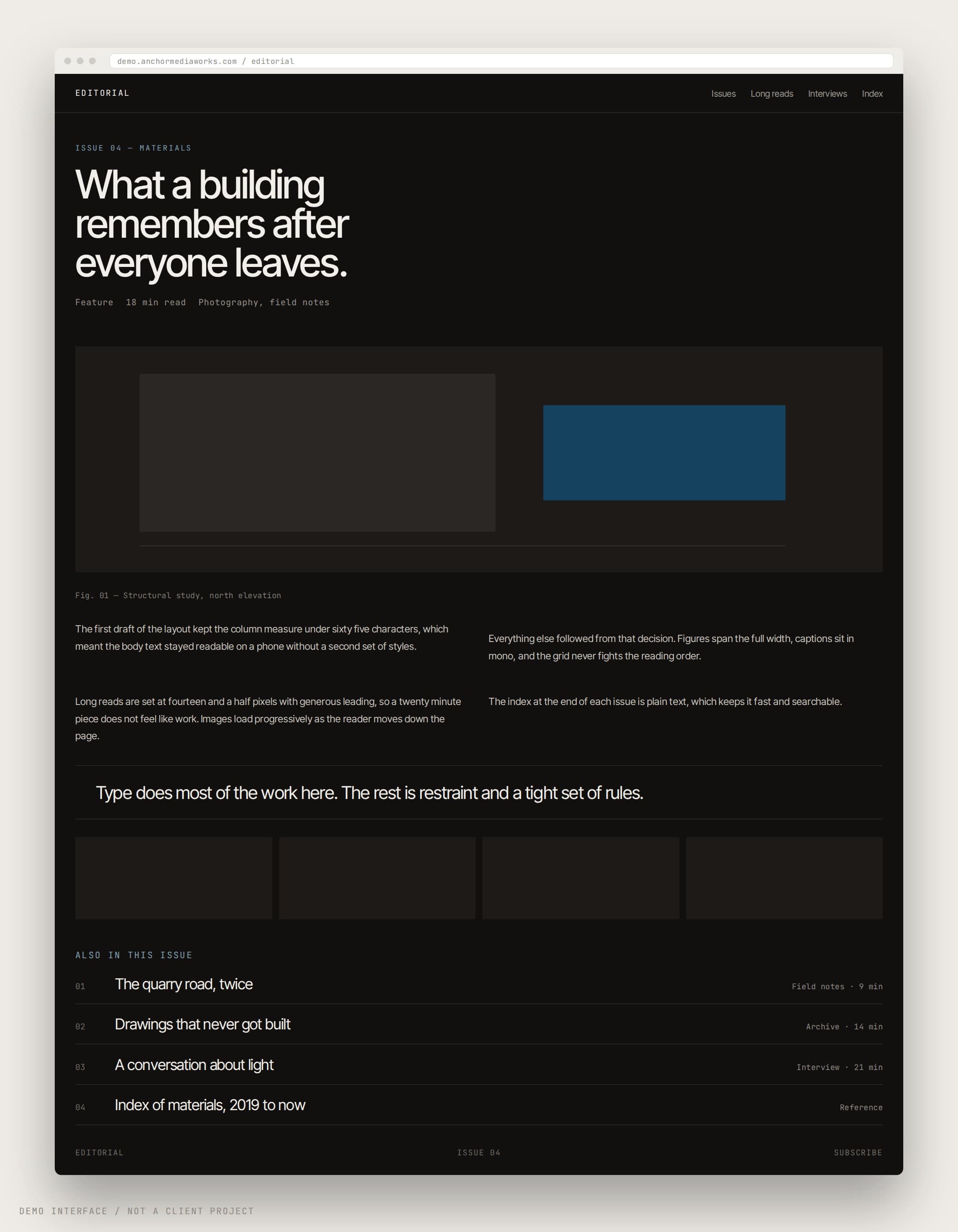 Demo editorial site in a dark theme: issue kicker, large feature headline, a figure with caption, two text columns and an index of other pieces